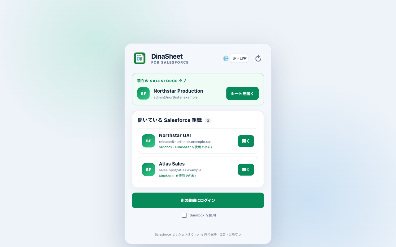 現在の Salesforce タブとほかのログイン済み組織を表示する DinaSheet ポップアップ