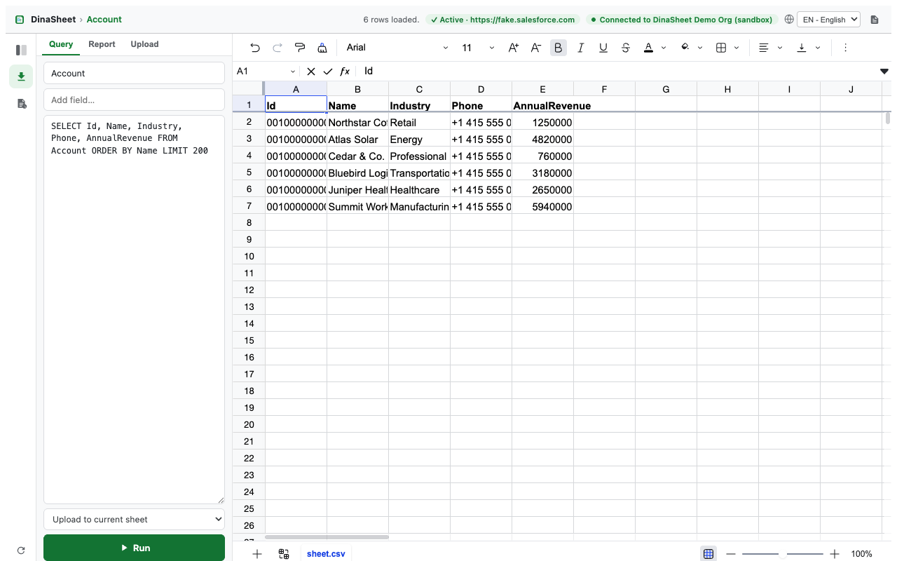DinaSheet displaying Salesforce Account records returned by a SOQL query