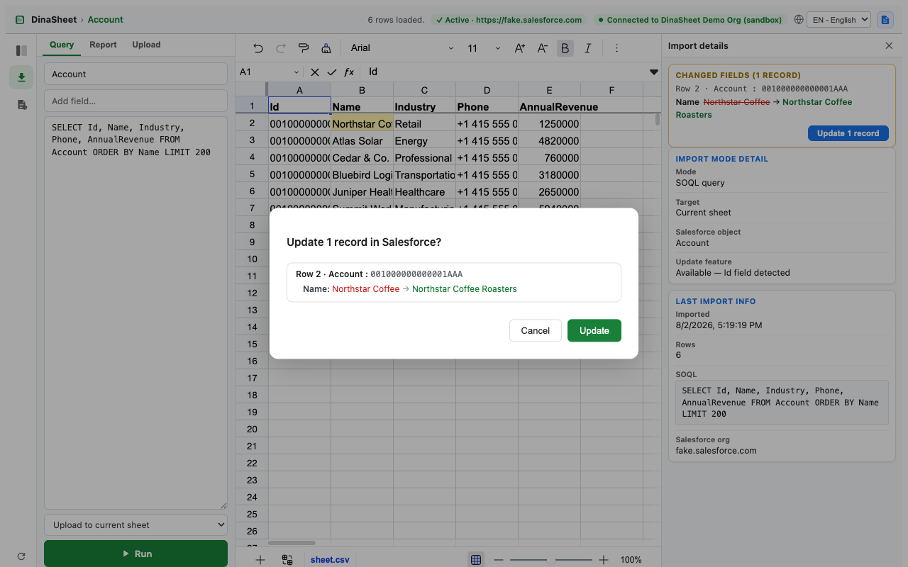 Changed fields card and confirmation dialog for one Salesforce record
