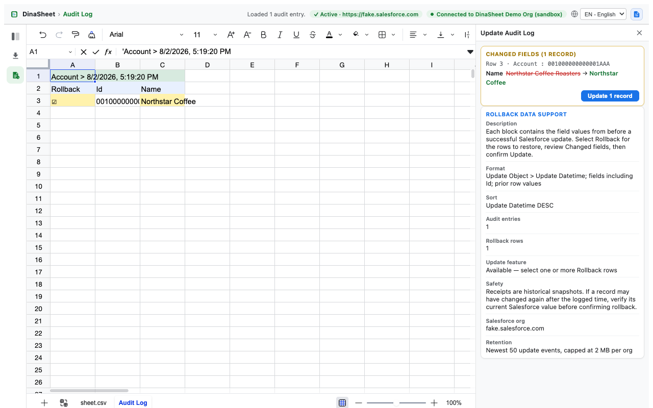 Update Audit Log with one selected rollback row