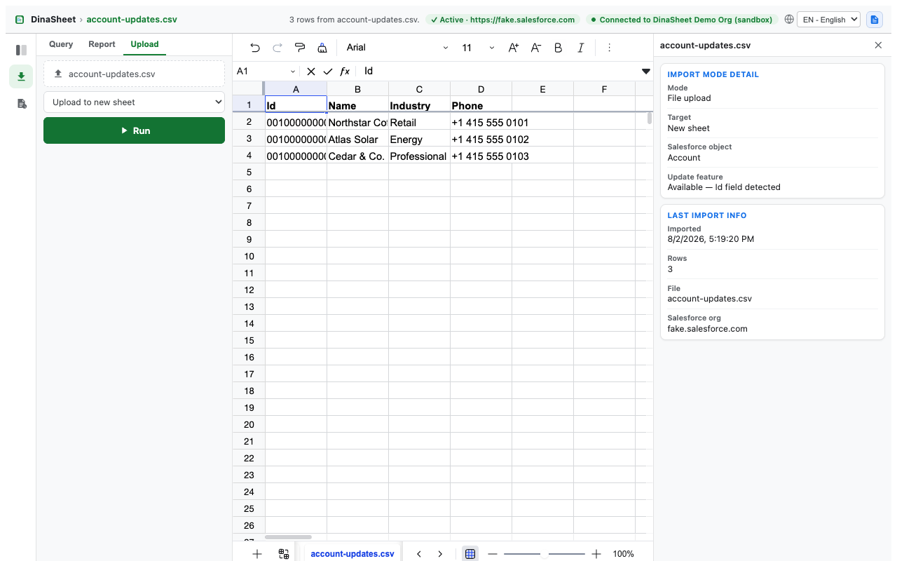 CSV data opened in DinaSheet with import details