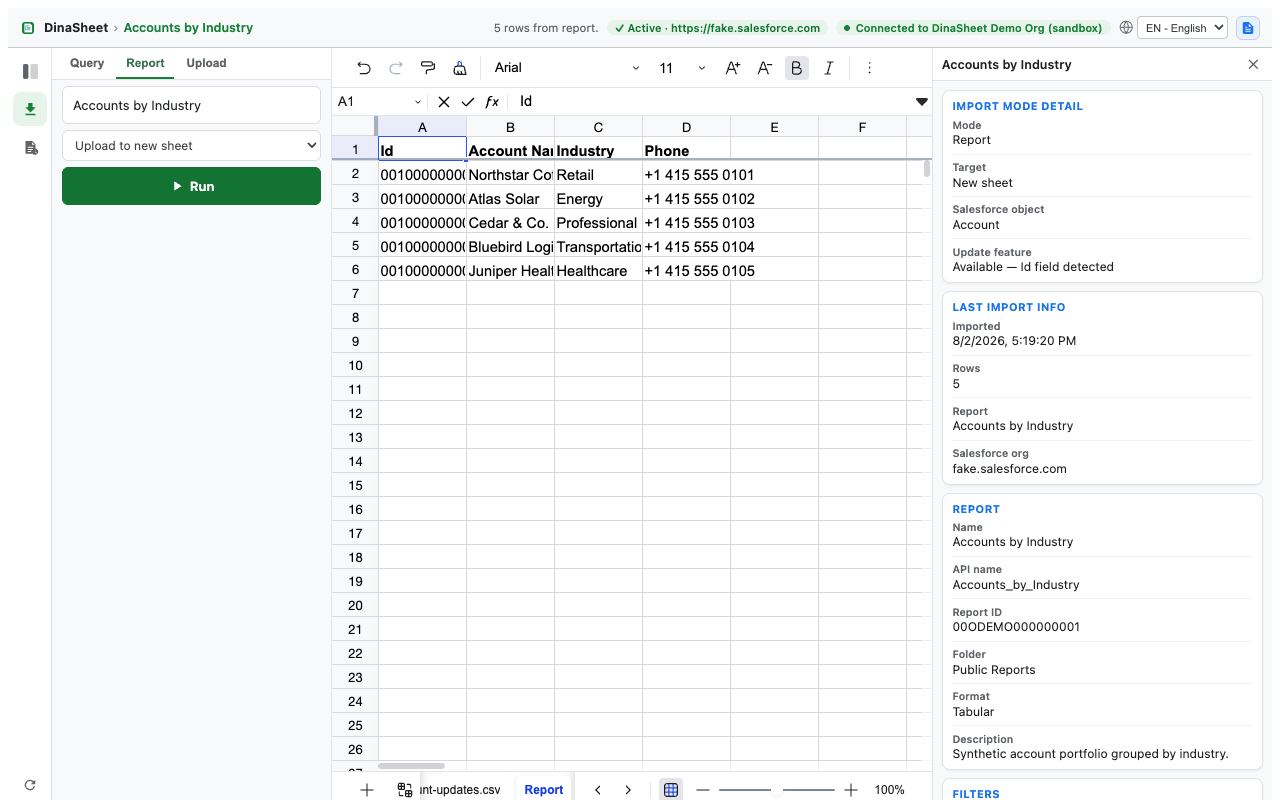 Salesforce report data displayed in DinaSheet
