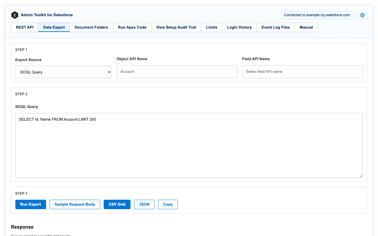 Data Export source & query