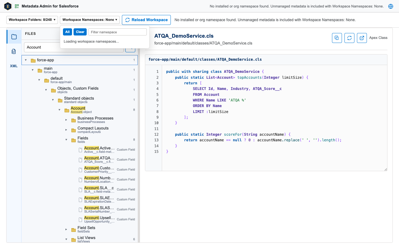Workspace namespaces menu