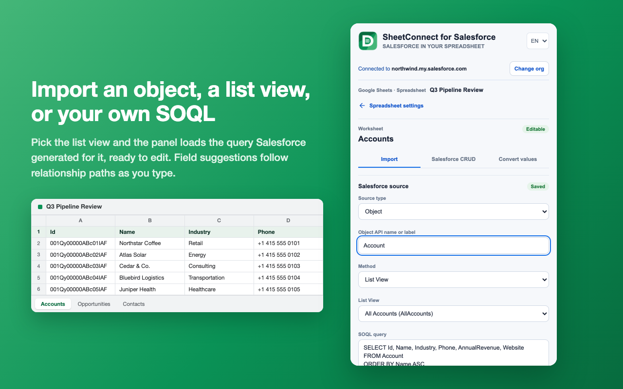 Object, list view, and SOQL import controls in the SheetConnect panel