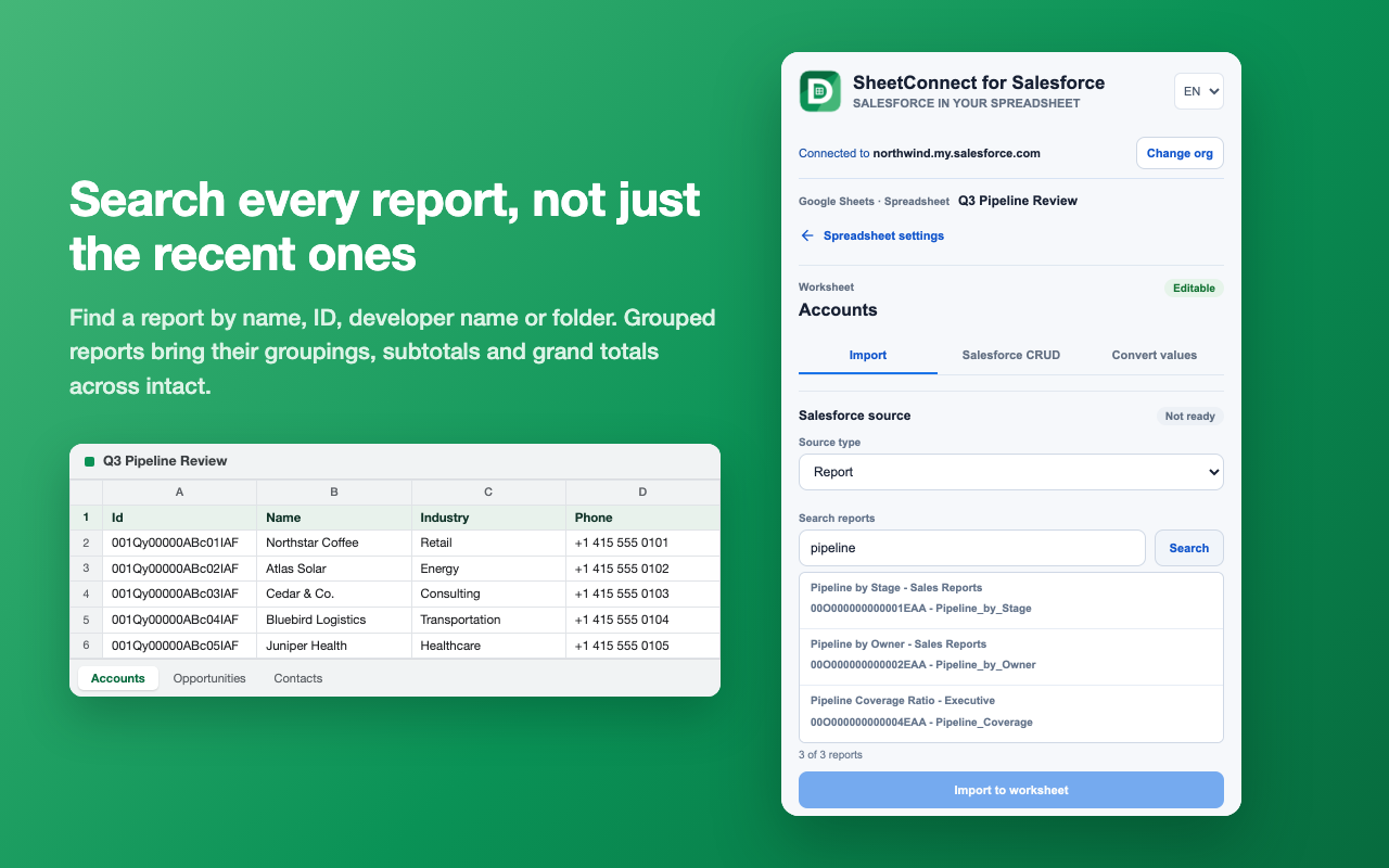 Report search results in the SheetConnect panel with folder and developer name