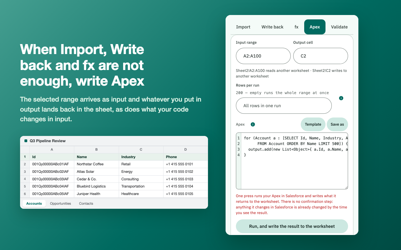 The Apex tab with a template loaded in the editor and the input and output range controls above it