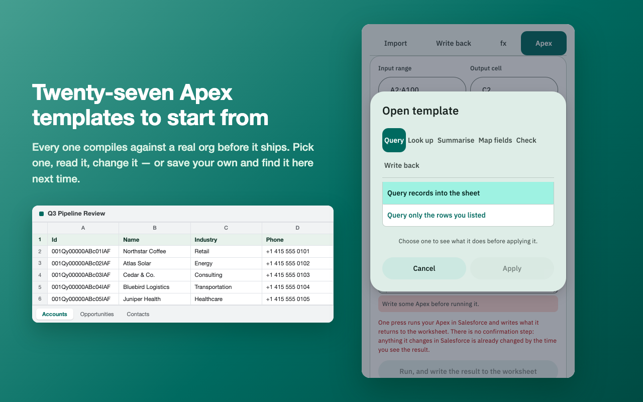 The Apex template picker listing templates grouped by what they do