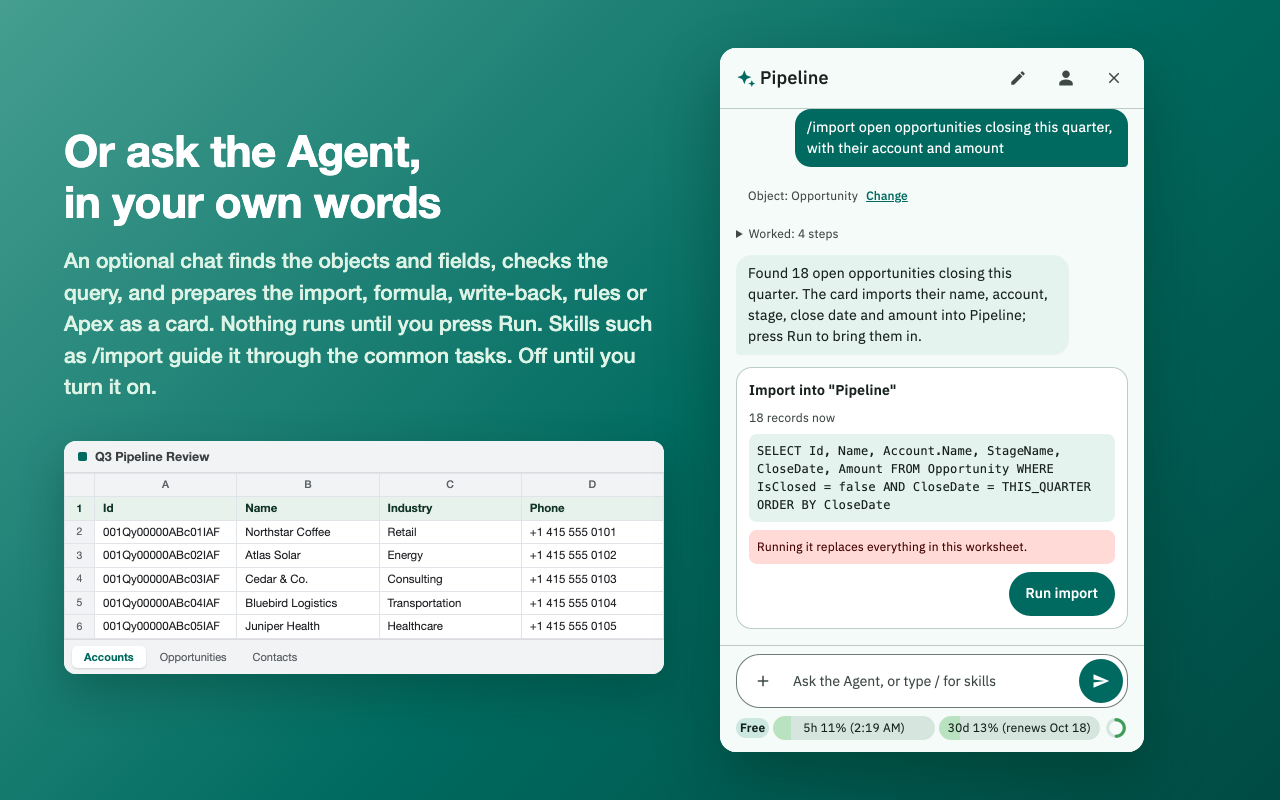 The Agent chat after a /import request, with the query it checked and an import card waiting for Run