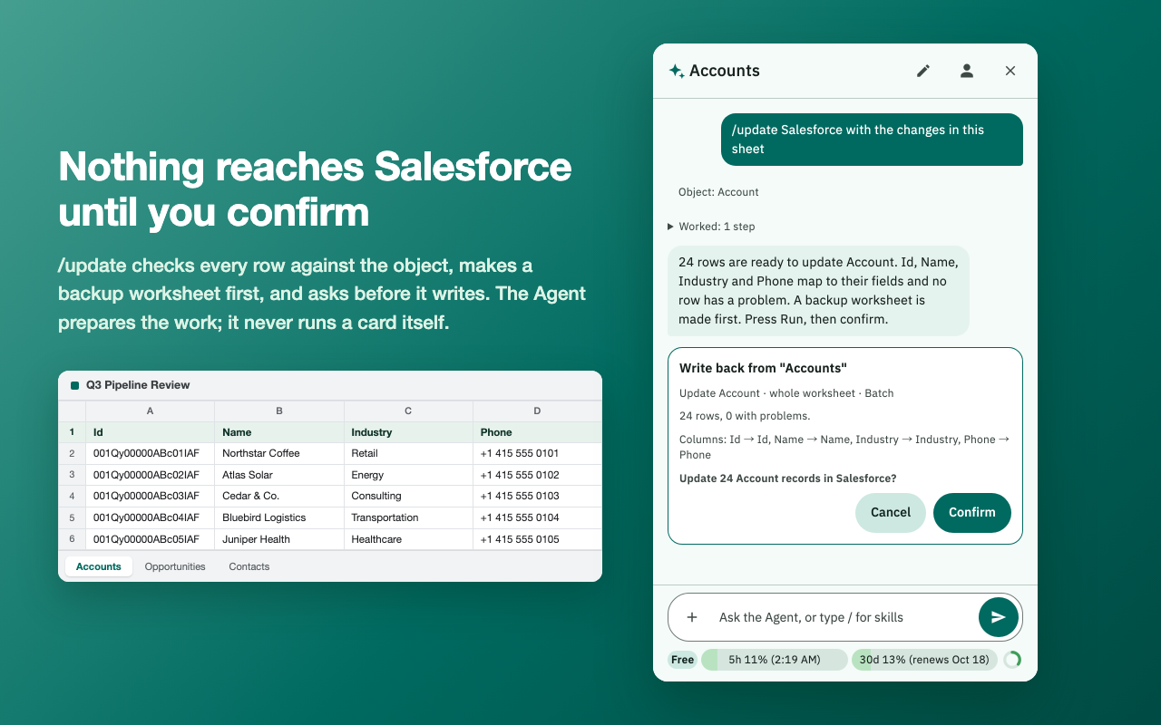 A write-back card from /update showing its mapping and asking to confirm the update of 24 records