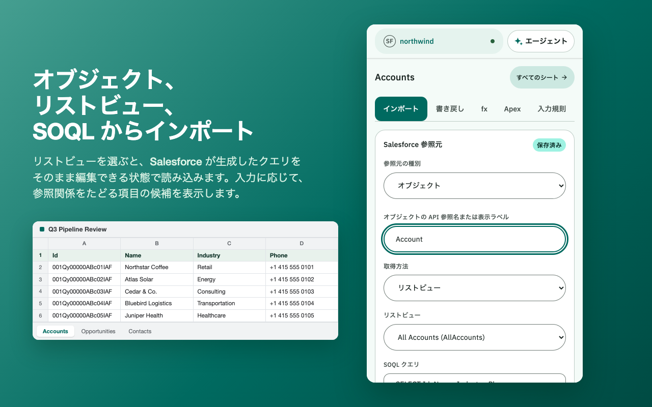 取引先レコードのスプレッドシートの横で、Salesforce のオブジェクトをワークシートにインポートしている SheetConnect のサイドパネル