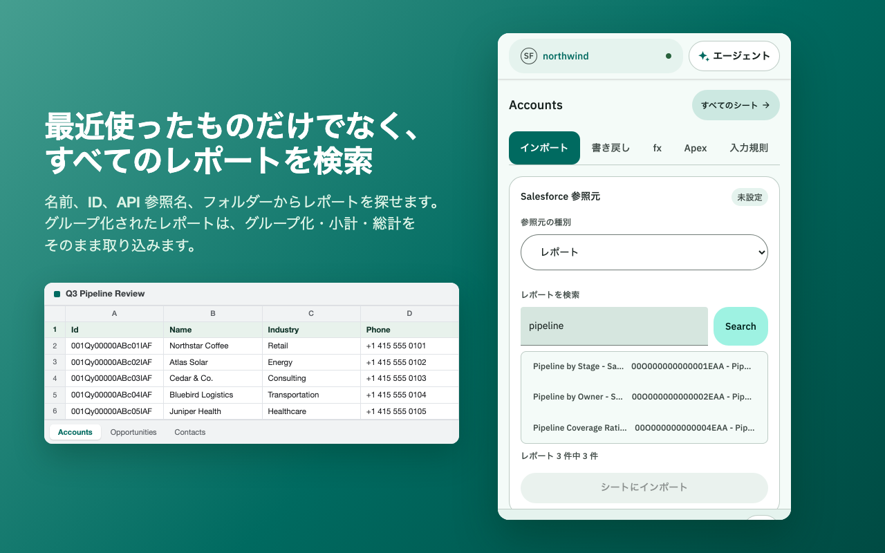 フォルダーと API 参照名つきのレポート検索結果を表示した SheetConnect のパネル