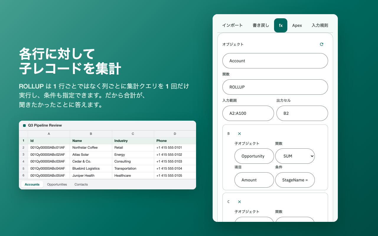 商談とケースに対して ROLLUP を実行する fx タブ。商談の列は成立済みに絞り込まれている