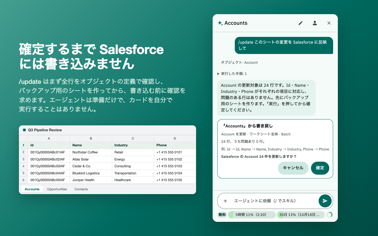 /update から作られた書き戻しのカードが、列の対応を示して 24 件の更新の確定を求めている様子
